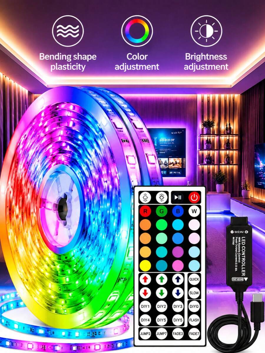 Bedroom LED Light Strip, 3.28ft (1 Roll) ~ 98.42ft (2 Rolls) RGB LED Light Strip With Infrared 44-Key Remote Control, USB 5V LED Light Strip With Adhesive Backing, Adjustable Color, Bedroom Party Decoration - 3535RGB - View 1