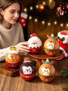 1pc New Mini Round Christmas Tin Ball Box, Cute Snowman & Reindeer Hanging Decor, Small Candy & Snack Storage Tin, Christmas Tree Decoration, Holiday Party Gift Box - Multicolor - View 1