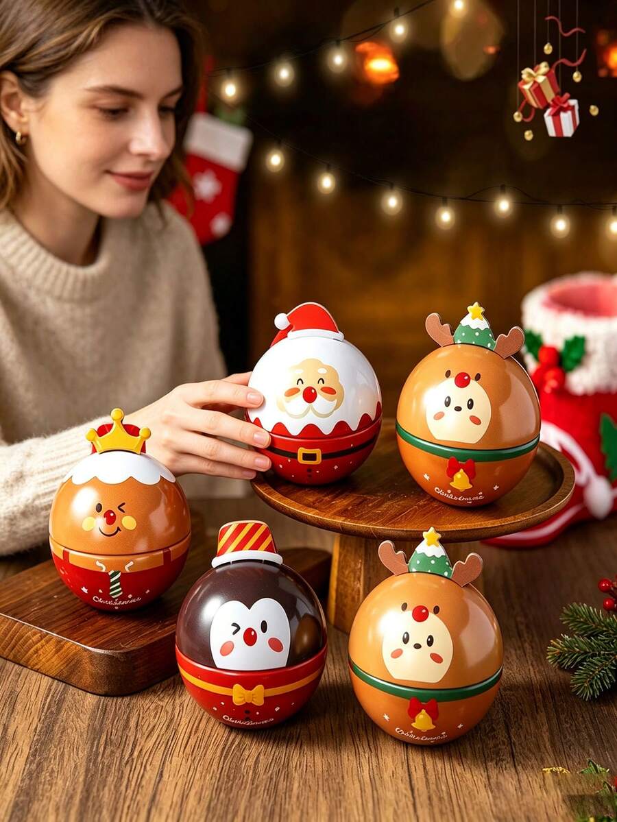 1pc New Mini Round Christmas Tin Ball Box, Cute Snowman & Reindeer Hanging Decor, Small Candy & Snack Storage Tin, Christmas Tree Decoration, Holiday Party Gift Box - Multicolor - View 1