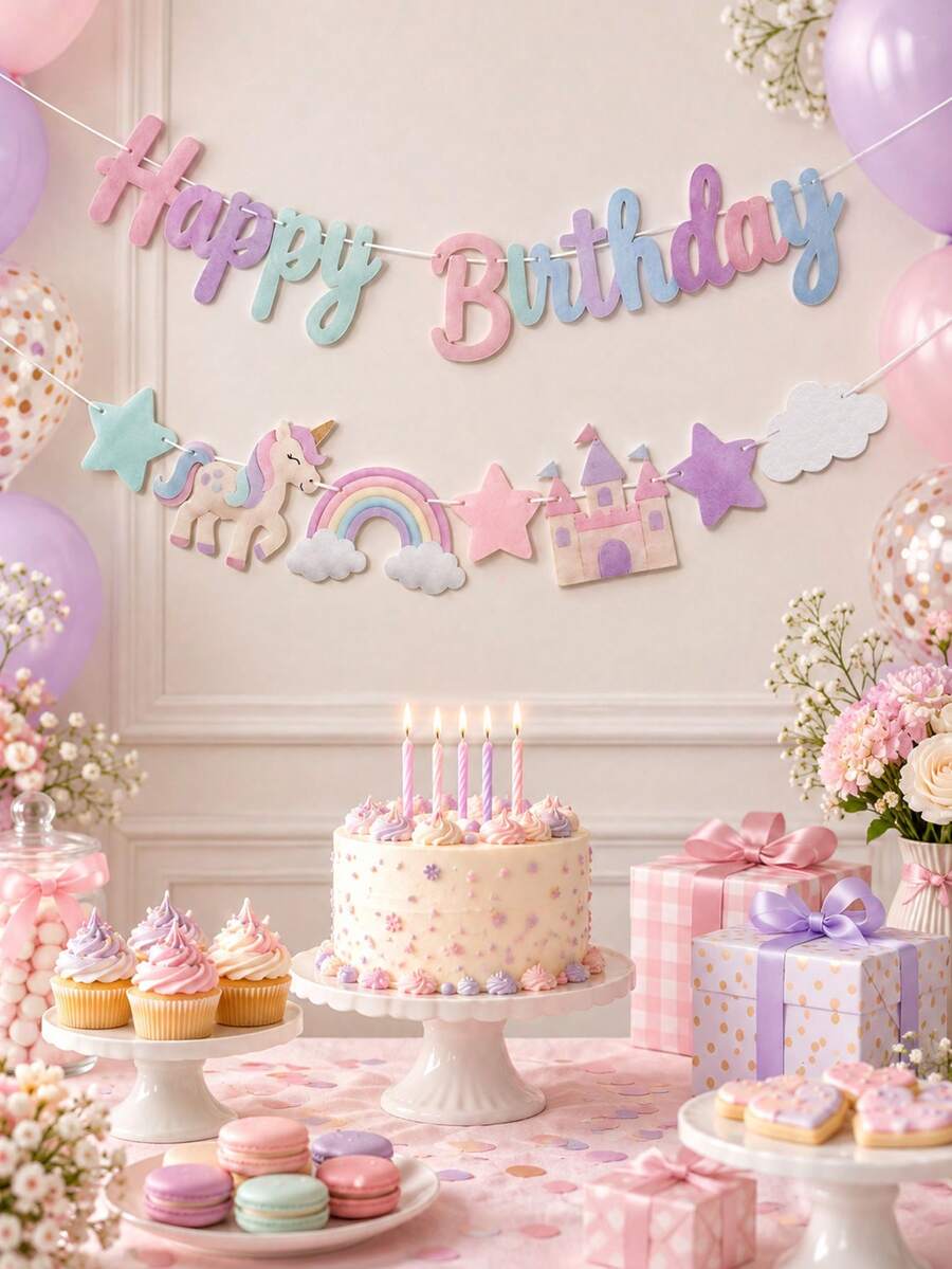 1 Set Unicorn Happy Birthday Banner Set, Macaron Color Paper Garland With Unicorn Castle, Rainbow And Star Patterns, Magical Birthday Party Decoration, Indoor/Outdoor Party Hanging Backdrop Decor - Multicolor - View 1