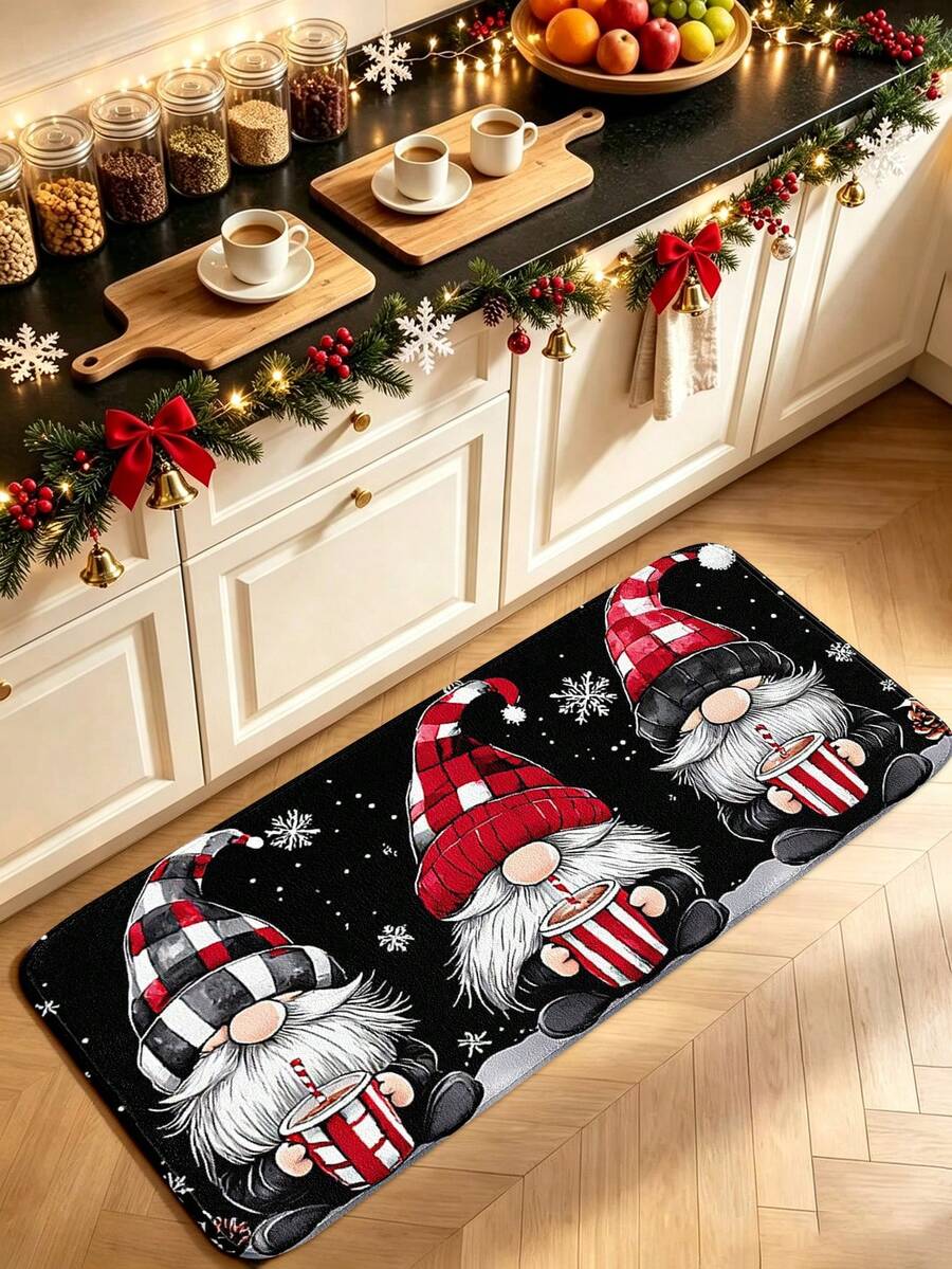 1pc Christmas Black Plaid Gnome Pattern Kitchen Mat, Flannel Soft Touch Absorbent Home Entrance Hallway Carpet, Easy To Clean Washable Area Rug, Kitchen Runner, Suitable For Kitchen, Bathroom, Hallway, Laundry Room, Corridor, Bedroom, Living Room Decor, All Season, Great Gift, Christmas Atmosphere Decoration Mat - View 1