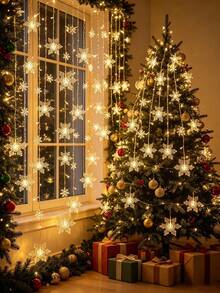 1PC Large Snowflake Icicle String Light, Christmas Curtain LED Fairy Light, 8 Flashing Light Modes, Indoor Decoration, Bedroom, Party, Home Christmas Tree Decoration, Holiday Party, Gift - Snowflake Curtain Lights - View 7