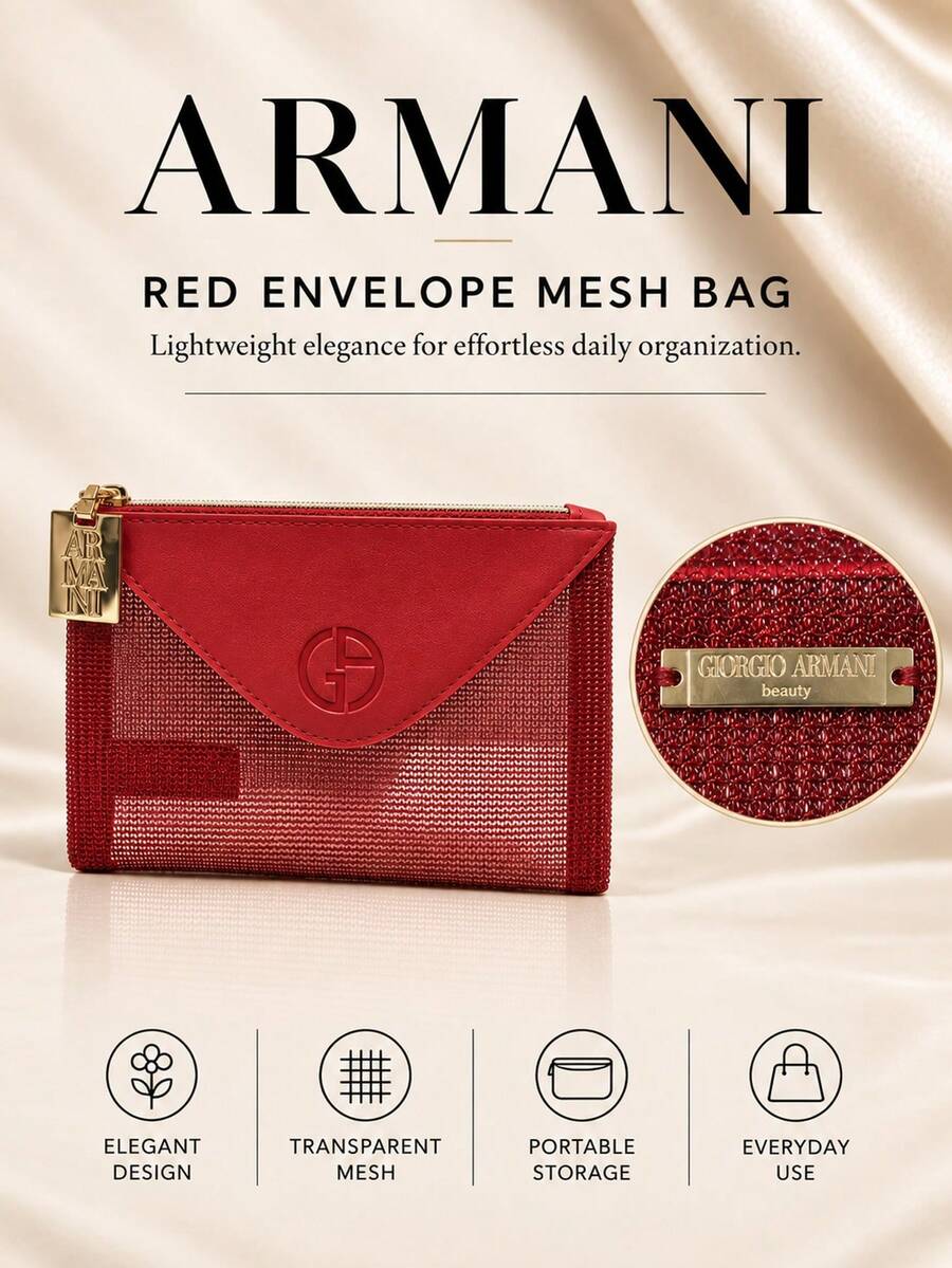 Giorgio Armani Armani Red Envelope Mesh Bag, 15.5*11.5cm, Single Piece, Lightweight And Breathable Mesh, Perfect For Small Essentials, Suitable For Daily Use And Travel
