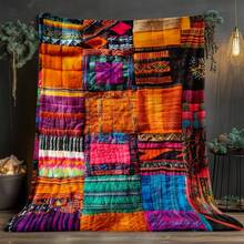 Bohemian Patchwork Printed Flannel Blanket, Soft Cozy Throw Blanket, Boho Autumn Home Decor - Multicolor - View 9