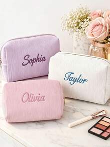 1pc Embroidered Corduroy Makeup Bag, Jewelry Storage Pouch, Customizable Letter Pattern, Personalized Bridesmaid Gift, Cute Travel Toiletry Bag, Unique Birthday Gift - Multicolor - View 6
