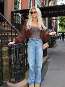 Women's Vintage Short Knit Cardigan Sweater Long Sleeve Open Front Short Cardigan Autumn/Winter - Brown - View 10