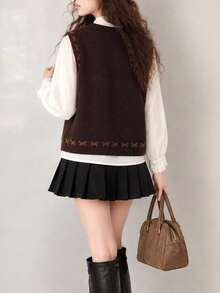 Cardigan Vest Wanita Motif Vintage Menarik dari Benang Campuran Wol untuk Musim Gugur - Coklat - View 2