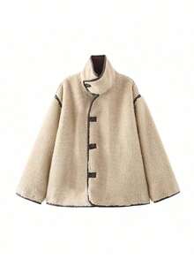Women's Regular Fit Jacket With Front Button Closure, Stand Collar, Elegant & Versatile For Commute And Casual Wear, Autumn/Winter Fall - Apricot - View 3