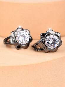 1 Pair Of Elegant And Delicate Women's Earrings Featuring A Cubic Zirconia Flower Design-Perfect For Dates And Everyday Wear - Gun Black - View 3