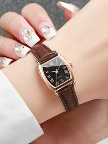 Women's Elegant Fashion Leather Strap Barrel-Shaped Dial Quartz Wristwatch Set (5pcs/Set) Casual, Watch Box Not Included - Multicolor - View 3