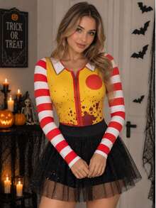 HALLOWEEN Disfraz de Payasita Conjunto Dos Piezas Body y Falda Short Tutu para Mujer Dama Sexy Disfraces Payasos Cosplay Pantiblusa Pantalones Cortos - Negro - Ver 3