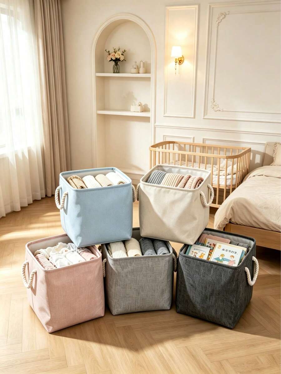 1pc Fabric Storage Basket For Kids Toys, Bedroom Clothes And Socks Organizer, Foldable Linen Storage Bin - Multicolor - View 1