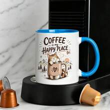 Cat Coffee Lover Coffee Mug, Coffee Is My Happy Place Cute Kitten Graphic Ceramic Cup, Novelty Gift For Cat Enthusiast Coffee Addict Birthday Holiday Present - Multicolor - View 6