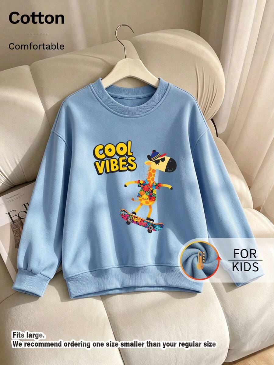 Kids Crew Neck Sweatshirt, Cool Vibes Skateboarding Giraffe Graphic Print Thick Fleece Lined Pullover For Kids - Blue - View 1