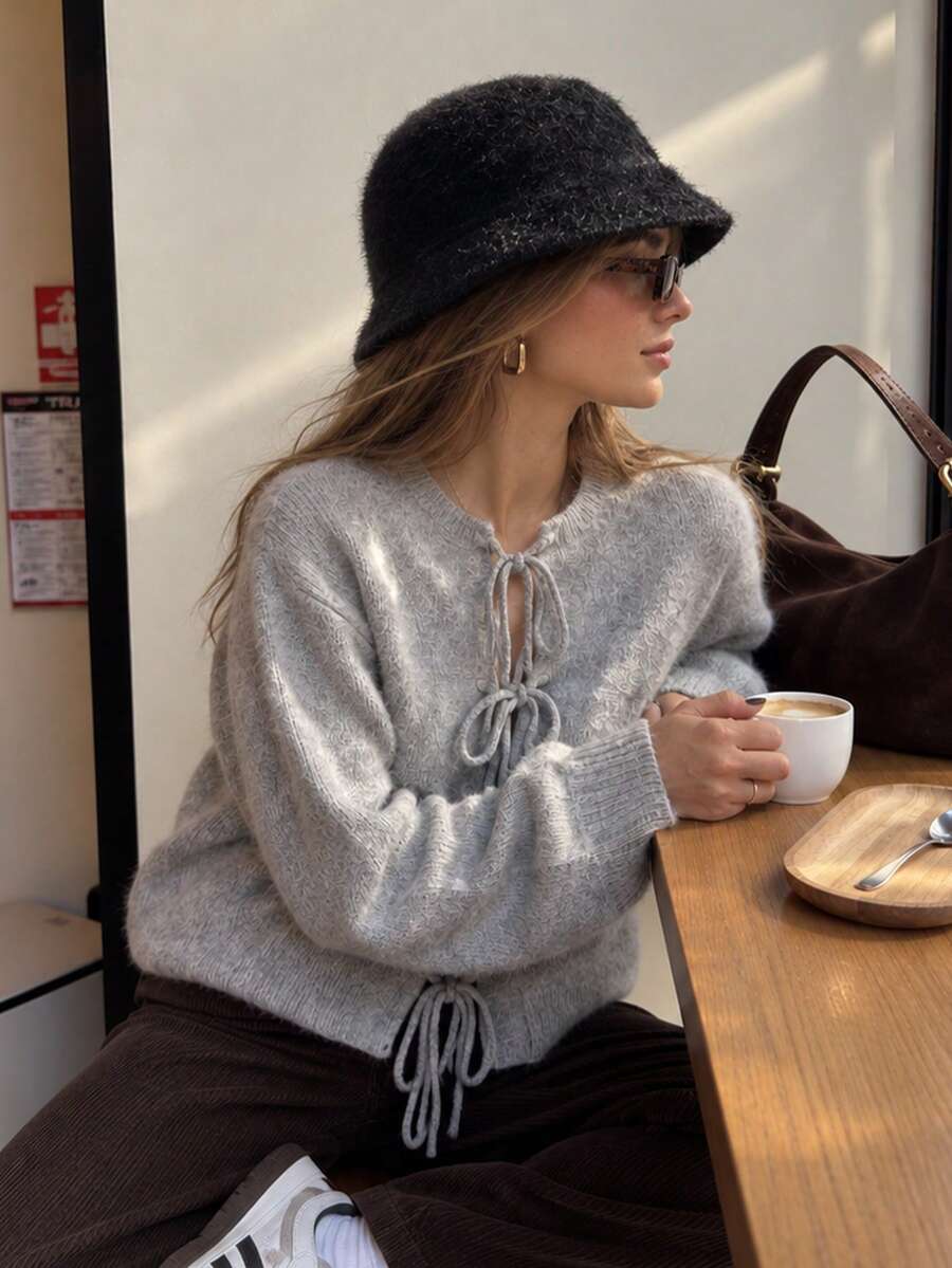 Apperloth A Women's Elegant Ribbed Knit Sweater Round Neck Lace Up Front Drop Shoulder Long Sleeve Tops Fall Clothes Casual Daily Versatile Commute Outfit - Grey - View 1