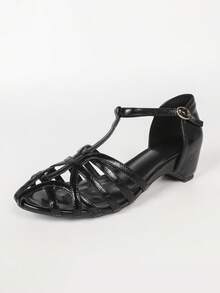 Women's Hollow T-Strap Wedge Sandals, Closed Toe Gladiator Roman Sandals, Ankle Strap Low Heel Fashion Shoes - Black - View 7