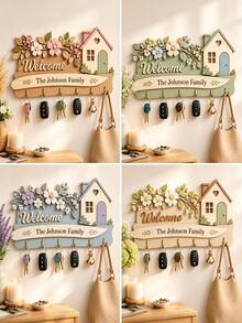 Personalized Wooden Wall-Mounted Key Rack, Personalized Wooden Key Holder, Custom Engraved Entryway Key Hook, Solid Wood Key Storage Wall Rack, Multi-Layer Home Key Hook, Custom Entryway Storage, Housewarming Gift, Welcome Home Decor - Multicolor - View 2