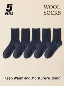 5 Pairs Men's Ribbed Knit Wool Crew Socks, Warm Thermal Moisture‑Wicking Mid‑Calf Socks, Solid Color Thick Cozy Fall Winter Daily Socks - Multicolor - View 11