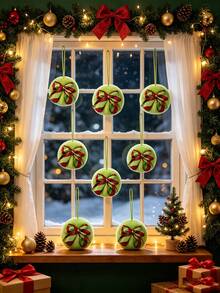 6pcs Lime Green Plush Christmas Ball Ornaments With Colorful Bows, Christmas Green Plush Hanging Decorations, Christmas Ball Ornaments, Christmas Tree Decorative Balls - Suitable For Christmas Tree Decoration, Party Decoration, Gifts, Christmas Decoration, Christmas Tree Hanging Decorations, Holiday Hanging Decorations, Home Decoration, Room Decoration, Winter Christmas Decoration, Christmas Gifts, Christmas Decoration - Multicolor - View 4