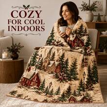 1PC Christmas Winter Snowy Village Print Flannel Blanket, Skin-Friendly Soft Throw, Vintage Cozy Holiday Home Decor Blanket, Christmas Gift Choice - Multicolor - View 9