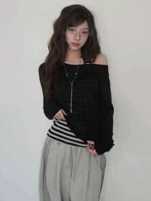 Korean Style Striped Spaghetti Strap 2 Pieces Set, Casual Sheer T-Shirt Cover-Up Long Sleeve Top, Autumn Outfit - Black - View 3