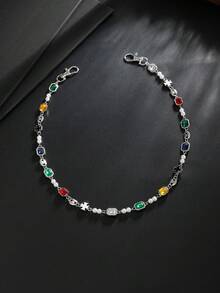 1pc Vintage Distressed Gold-Tone Rhinestone Pant Chain, Baroque Oval Gemstone Patchwork Denim Wallet Chain, Medieval Gothic Unisex Waist Chain, Suitable For Denim Streetwear Accessories - White K - View 6