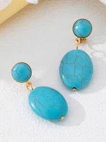 1Pair Fashionable Oval Turquoise Ear Clips, Geometric Personalized Clip On Earrings For Women No Pierced Ears - Turquoise - View 15