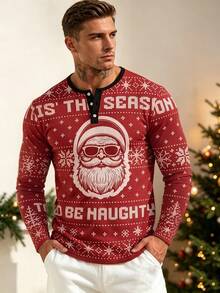 Men's Christmas Santa Claus Print Henley Collar Long Sleeve T-Shirt Top - Multicolor - View 1