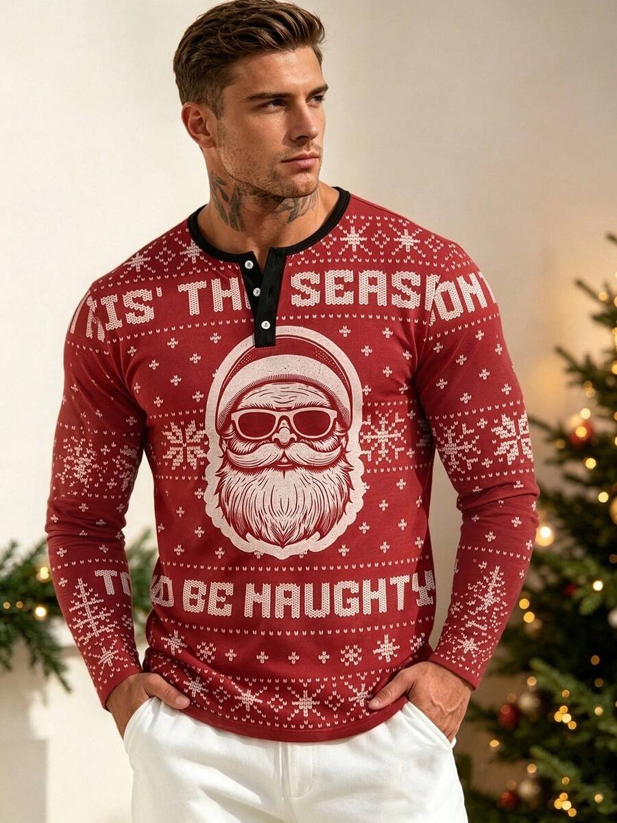 Men's Christmas Santa Claus Print Henley Collar Long Sleeve T-Shirt Top - Multicolor - View 1