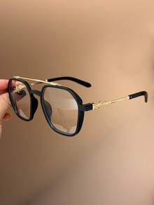 1 Pair Men's Double-Beam Black & Gold Plain Lens Glasses, Vintage Carved Metal Frame, Street Style Decorative Eyewear, Suitable For Daily Wear All Seasons - Clear - View 11