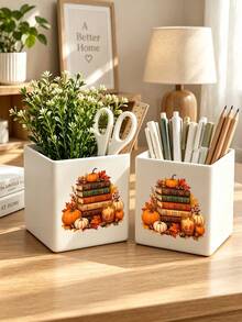 Autumn Theme Cozy Pumpkin Book Stack Storage Box, Desktop Organizer Container, Can Hold Makeup Brushes, Pens, Remote Controls, Tableware And Small Items. Compact Space-Saving Storage Item, Suitable For Bathroom, Kitchen - Multicolor - View 6