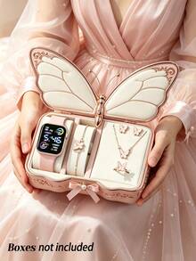 6/1pc Fashion Women's Square Luminous Digital Watch With Butterfly Decor 5-Piece Set, Necklace, Ring, Earrings, Bracelet, Perfect As A Gift And Daily Wear Accessory (Gift Box Not Included) - Pink - View 2