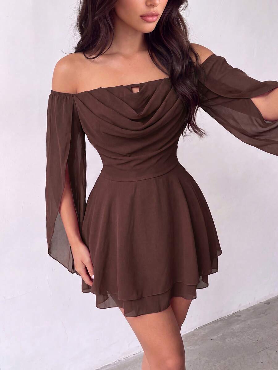 Elegant Cold Shoulder Backless Chiffon Mini Dress, Long Sleeve A-Line Skirt, Suitable For Party, Date, Night Out, Vacation, Autumn Outing - Brown - View 1
