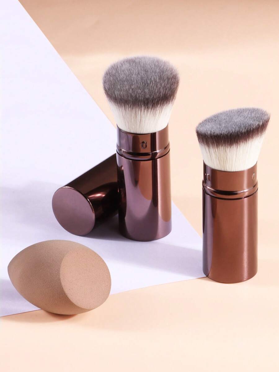2pcs Retractable Makeup Brush With Protective Cap & Makeup Sponge Set, Dust-Proof Design, Dense Soft & Bouncy Bristles, Gentle Powder Pickup, Easy To Carry - Multicolor - View 1