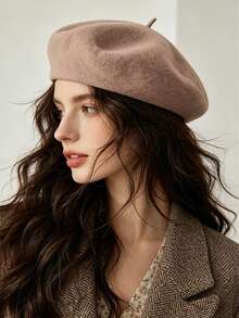 1PC Women's Classic Beret Hat, Premium Autumn/Winter Vintage Literary Style, Solid Color Minimalist Wool Beret - A - View 3