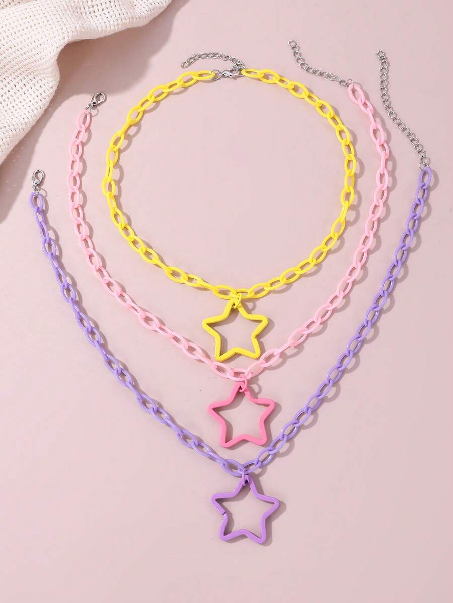 3pcs/Set Girls Colorful Star Necklace Set Sweet Cool Style Hollow Five ...
