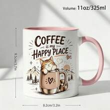 Cat Coffee Lover Coffee Mug, Coffee Is My Happy Place Cute Kitten Graphic Ceramic Cup, Novelty Gift For Cat Enthusiast Coffee Addict Birthday Holiday Present - Multicolor - View 12