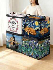 1pc Thick Non-Woven Fabric Art Famous Painting Cat Collection Printed Double Handle Zipper Storage Box Large Capacity Multifunctional Home Storage Basket Suitable For Bedroom Dorm Bathroom Can Be Used As Laundry Bask - Multi-color - View 2