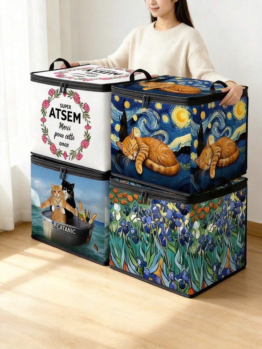 1pc Thick Non-Woven Fabric Art Famous Painting Cat Collection Printed Double Handle Zipper Storage Box Large Capacity Multifunctional Home Storage Basket Suitable For Bedroom Dorm Bathroom Can Be Used As Laundry Bask
