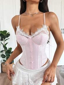 Spring/Summer Ins Fresh Sweet Style Lace Bustier With Underwire & Boning, Tight Waist Tie-Up Sexy Camisole Corset For Women - Baby Pink - View 4