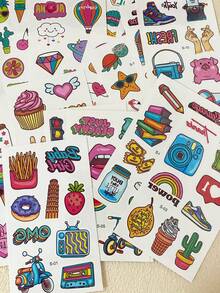 30 Sheets Cartoon Temporary Tattoos For Children, French Fries, Desserts, Donuts, Fruits, Strawberries Cute Pattern Tattoo Stickers For Hand, Face And Body Decor, Suitable For Birthday Party Gifts Holiday Body Art, Fake Tattoo Waterproof - Multicolor - View 6