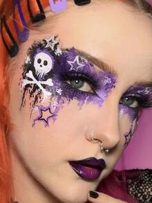 1pc Temporary Tattoo Sticker, Purple‑Black Skull Star Halloween Eye Face Makeup Pattern, Realistic Fake Tattoo Design, For Daily Wear, Bachelorette Party Favors, Music Festival, Game, Graduation Gift, Lasts 3‑5 Days - Multicolor - View 5