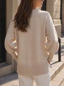 Women's Ribbed Hem Solid Color Asymmetric Loose Pullover Sweater Long Sleeve Knit Top, Suitable For Autumn Wear - Apricot - View 8