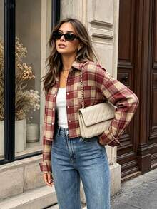 Women's Autumn/Winter Brushed Short Plaid Shirt - Red - View 1