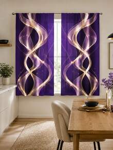 2pcs, Polyester Material, Deep Purple Dreamy Gold Curved Pattern Printed, Light Filtering Curtains, Suitable For Bedroom, Living Room, Office And Home Decor, Rod Pocket Design, Suitable For Rod Installation - Multicolor - View 8