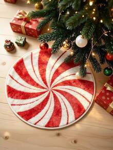 Karpet Bulat Berumbai Warna Burgundy untuk Natal, Motif Kotak-kotak, Boneka Salju, Kue Jahe, Hadiah Permen Tongkat, Karpet Mewah - Merah - View 1