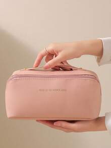 1pc Waterproof PU Leather Large Capacity Makeup Bag, Women's Handbag, Double Layer Makeup Storage Bag, Cosmetic Organizer, Toiletry Bag, Travel Essential, Cruise Essential, Vacation Essential, Neutral Large Capacity Portable Makeup Bag - Multicolor - View 12