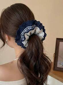 1pc Women's Deep Blue Lace Floral Embroidered Plaid Heart Soft High Elasticity Hair Scrunchie, Hair Accessory Hair Tie Hair Rope, Suitable For Daily Wear - Multicolor - View 2