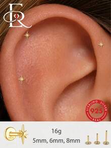 EleRunis 1pc 925 Sterling Silver Octagonal Star Stud Earrings 5/6/8mm Flat Back Cartilage Helix Piercing Jewelry Suitable For Daily Wear, Wedding Party, Valentine's Day - Gold - View 11