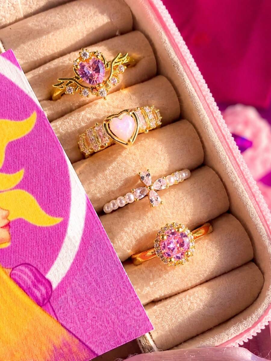 4件組高級優雅時尚精緻亮麗獨特誇張心形十字珍珠幾何銅鑲鋯石粉鑽戒指套組,適合女性日常佩戴、度假派對珠寶 - 彩色 - 查看 1